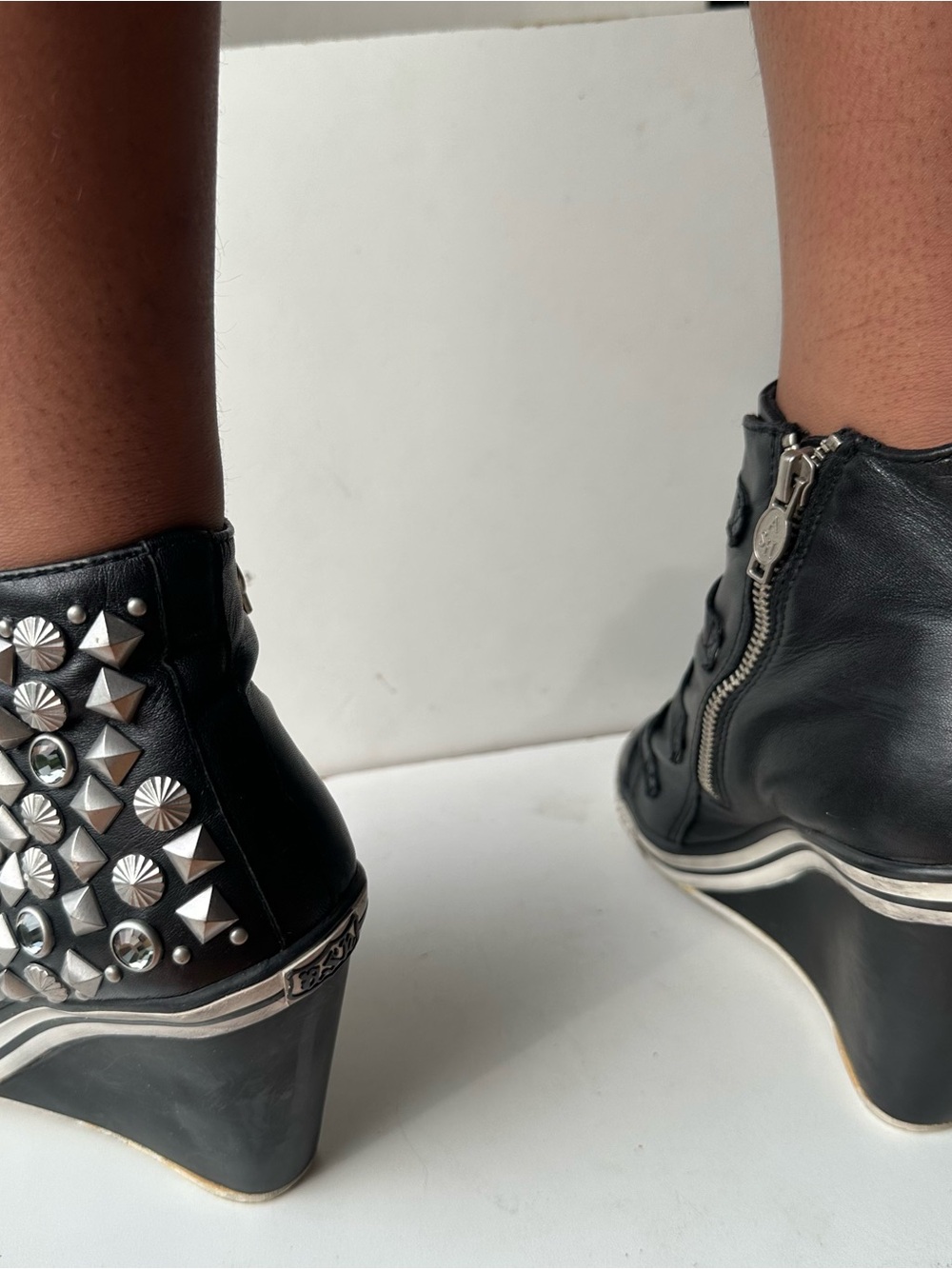 ASH Vintage Black Studded Wedge Sneaker Boots Leather Buckle Zip EU 39 - Picture 10 of 15